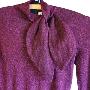 ZARA metallic burgundy long sleeve blouse with bow sz small